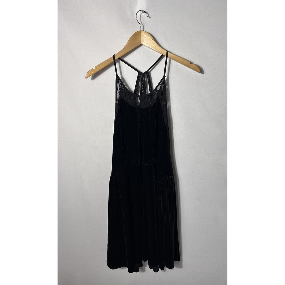 Free People Nightshade Dress Womens Medium Black Velvet Slip Lace Strappy Mini